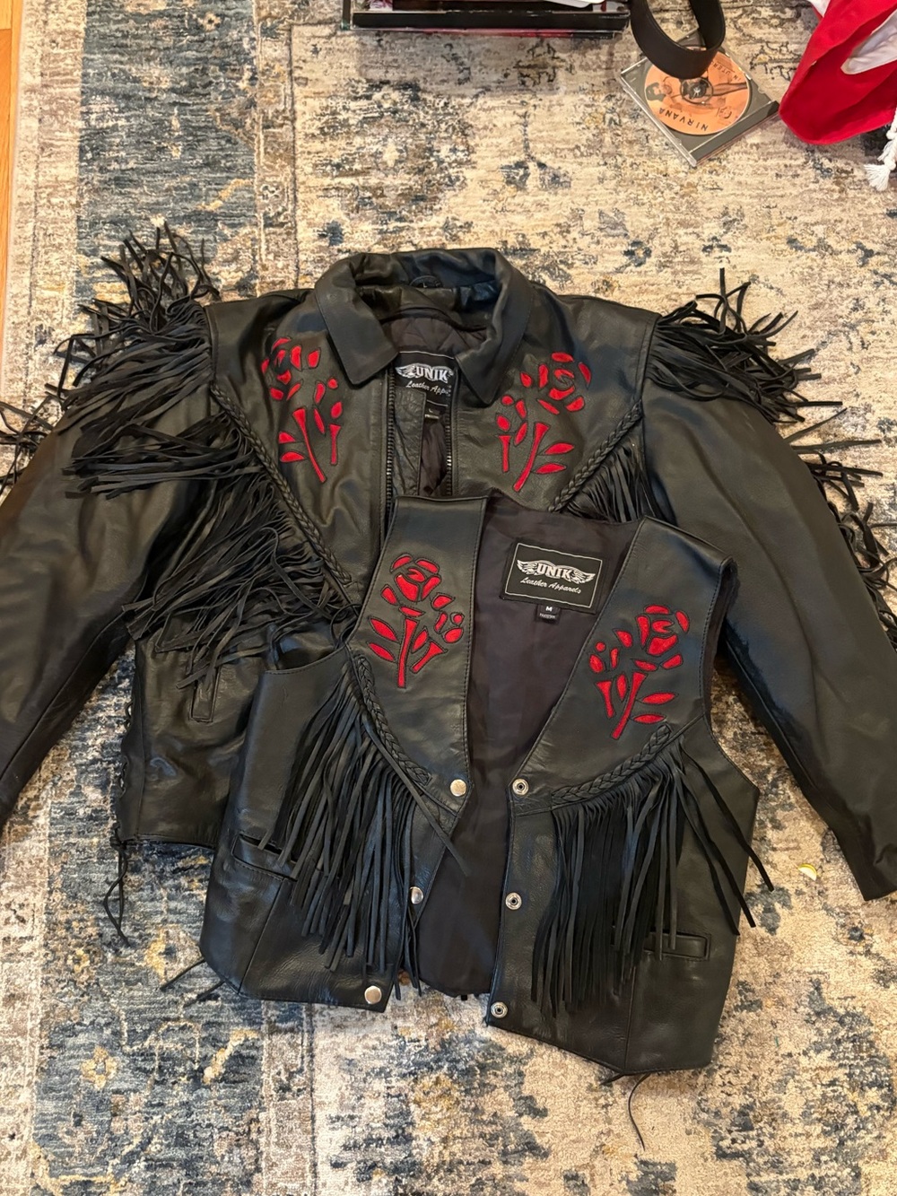 UNIK Black Leather Apparel Red Rose Motorcycle 2 piece Vest Jacket Women’s M/L